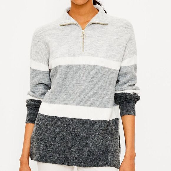 Loft Striped Zip Tunic Sweater Grey Long Sleeve Oversized Colorblock Size XXLP - Picture 2 of 12